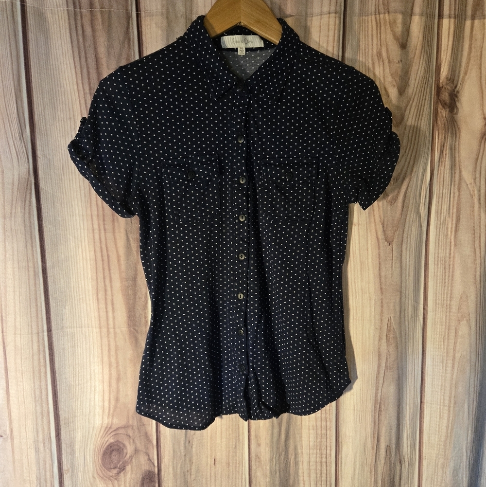 Womens Navy And White Polka Dot Button Up